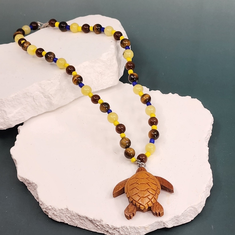 Handmade Sea Turtle Pendant Necklace Tiger's Eye Yellow Stone Wood Hawaii Beads